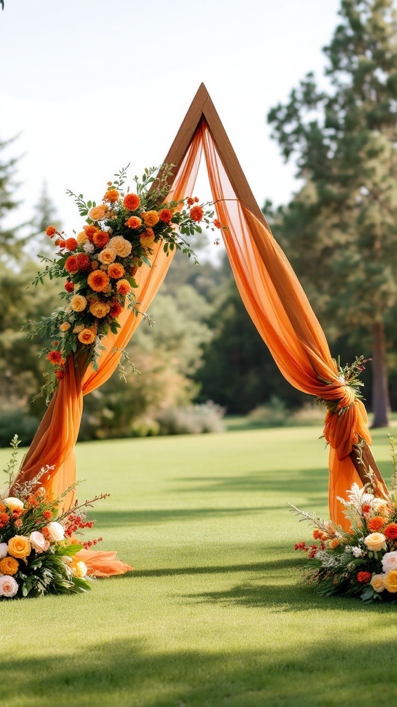 Triangle wooden arch draped with burnt orange chiffon fabric and surrounded by flowers