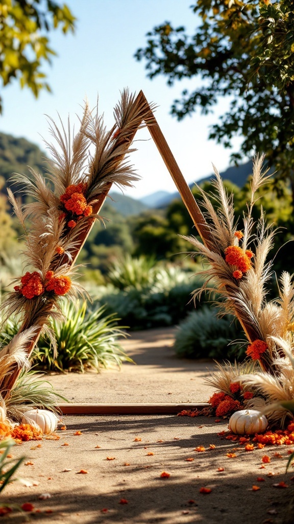 Triangle wooden arch decorated with dried palm leaves and burnt orange flowers