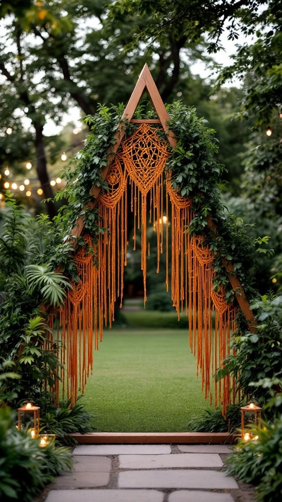 Triangle wooden arch decorated with burnt orange macramé and greenery.