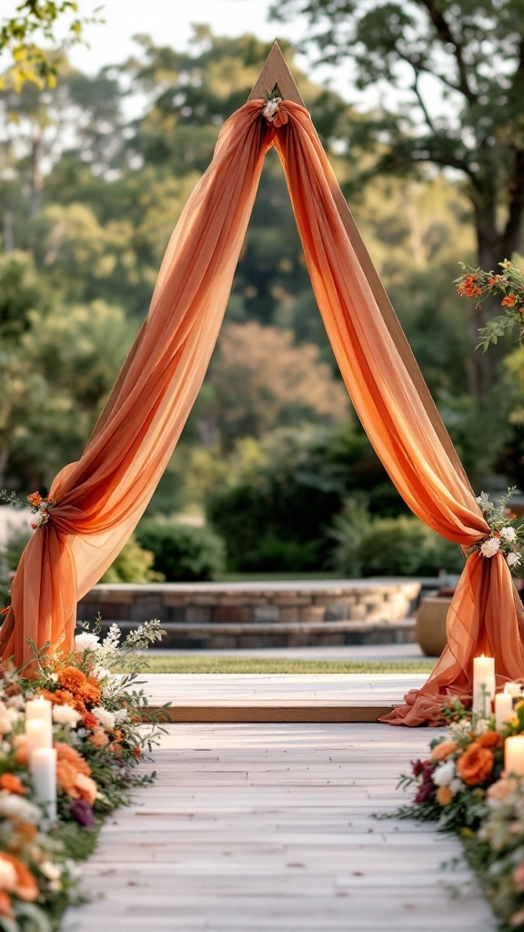 Triangle wooden arch with loose sheer burnt orange fabric and floral decorations