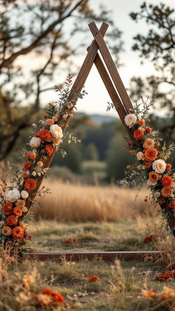 Triangle wooden wedding arch with terracotta and beige floral arrangements in a rustic outdoor setting.