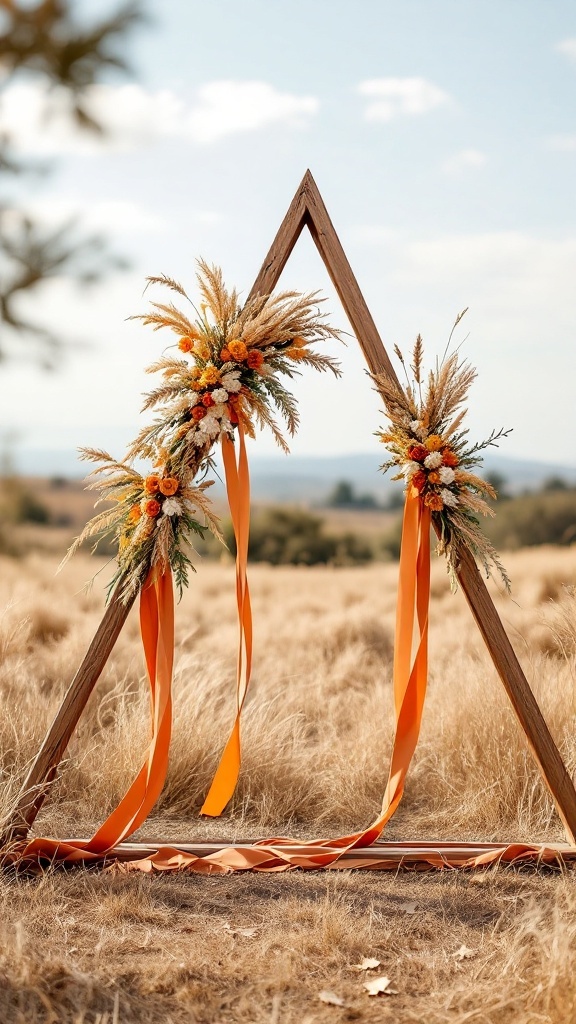 Triangle wooden arch with wheat bouquets and burnt orange ribbons in a field