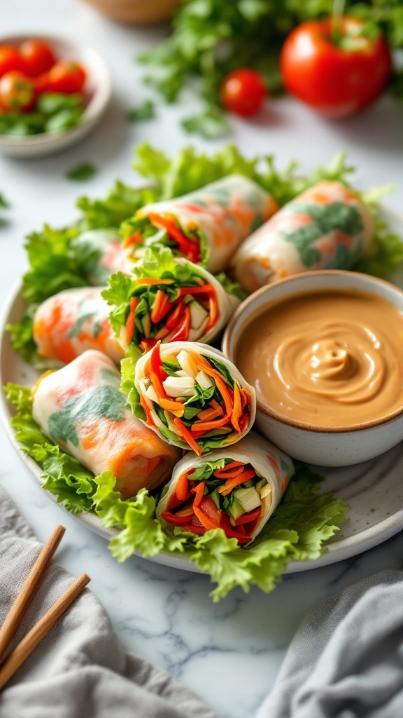 Fresh vegetable spring rolls with peanut sauce on a plate