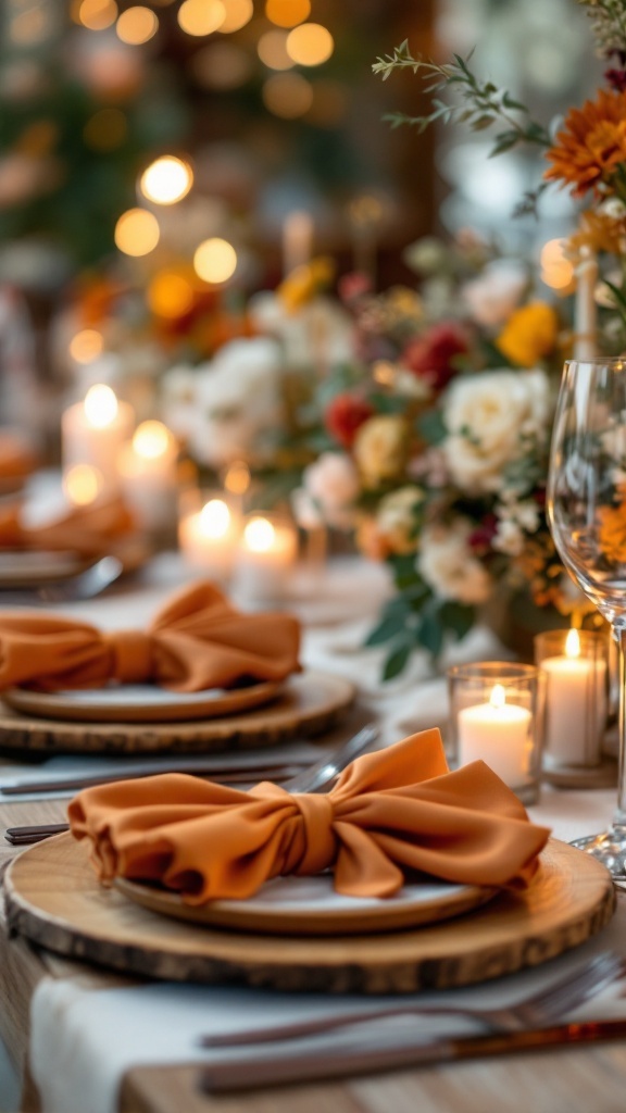 A beautifully set wedding table featuring wooden charger plates with burnt orange napkins, surrounded by candles and floral arrangements.