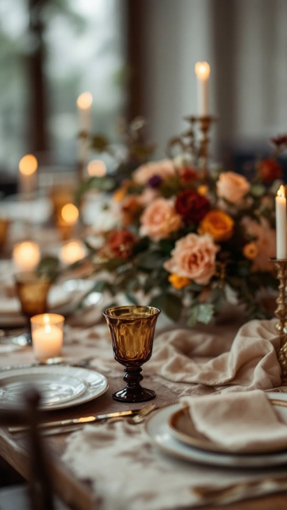 Amber glass goblets on a table set with linen runners and adorned with candles and flowers