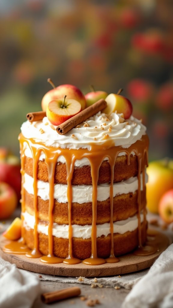 A layered apple cider wedding cake with caramel drip, topped with apples and cinnamon.