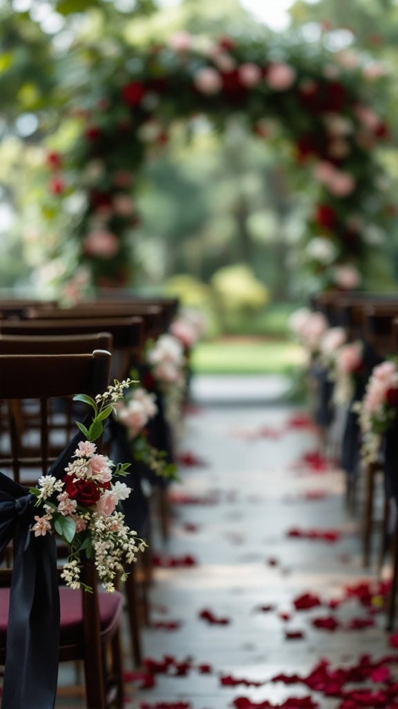 Black and wine-colored ceremony chairs with floral arrangements and rose petals on the ground.