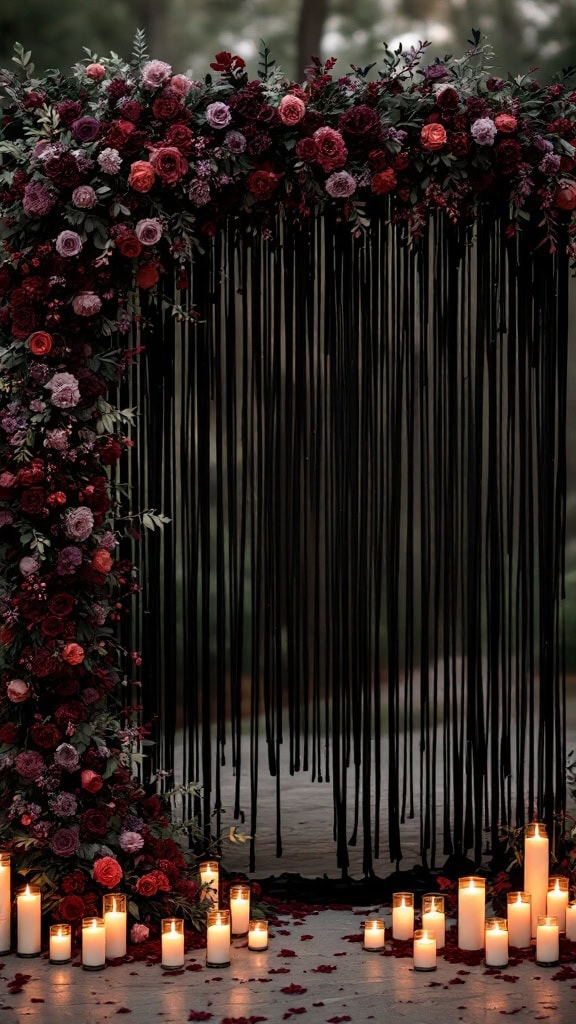 Black macramé backdrop adorned with moody florals and surrounded by candles