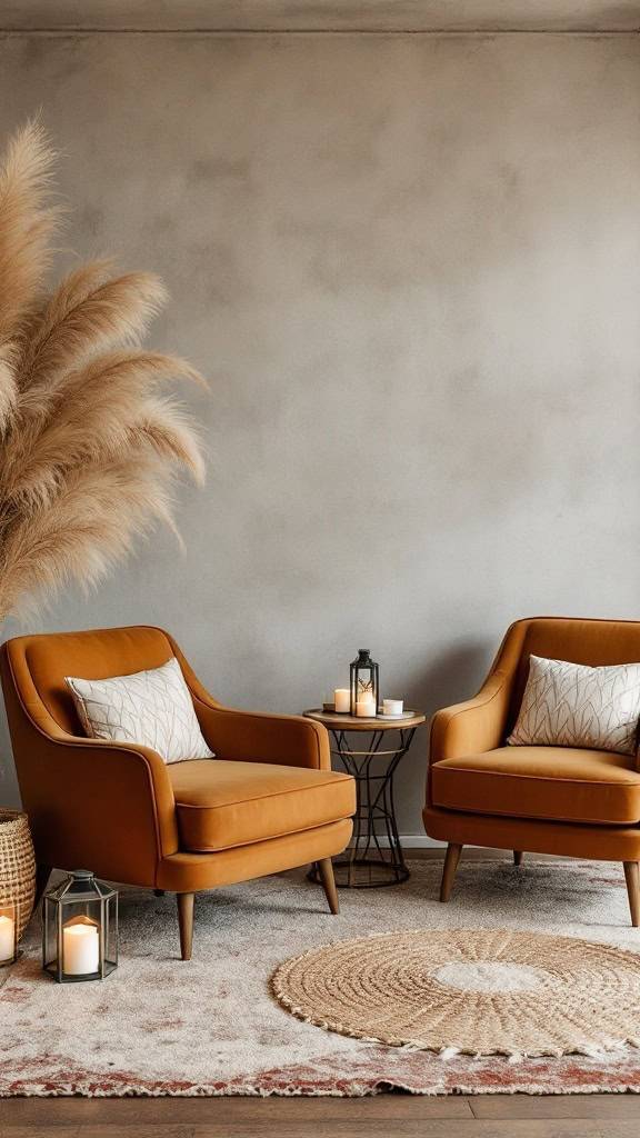 A cozy boho lounge area featuring two velvet chairs, rattan tables, pampas grass, and soft lighting.