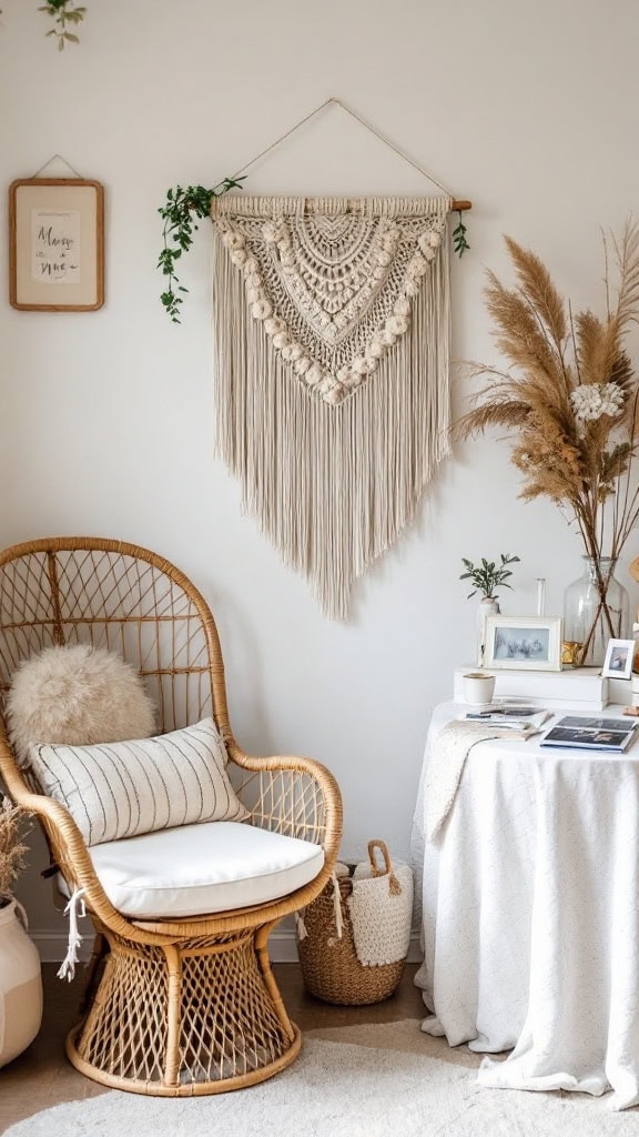 A cozy boho-style photo backdrop featuring a rattan chair, macramé wall hanging, and decorative elements.