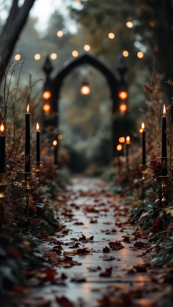 A candlelit ceremony path lined with black taper candles and autumn leaves