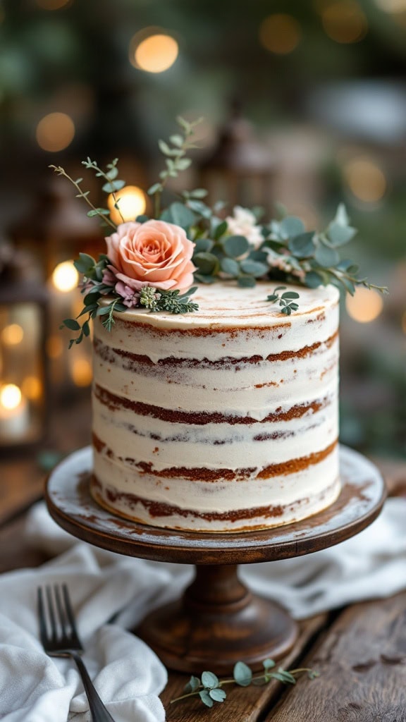 A layered cinnamon swirl wedding cake with smooth buttercream icing, topped with pink roses and greenery, surrounded by lanterns.