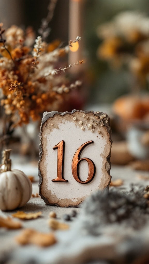 Table number '16' made of clay with copper accents, surrounded by fall decor.