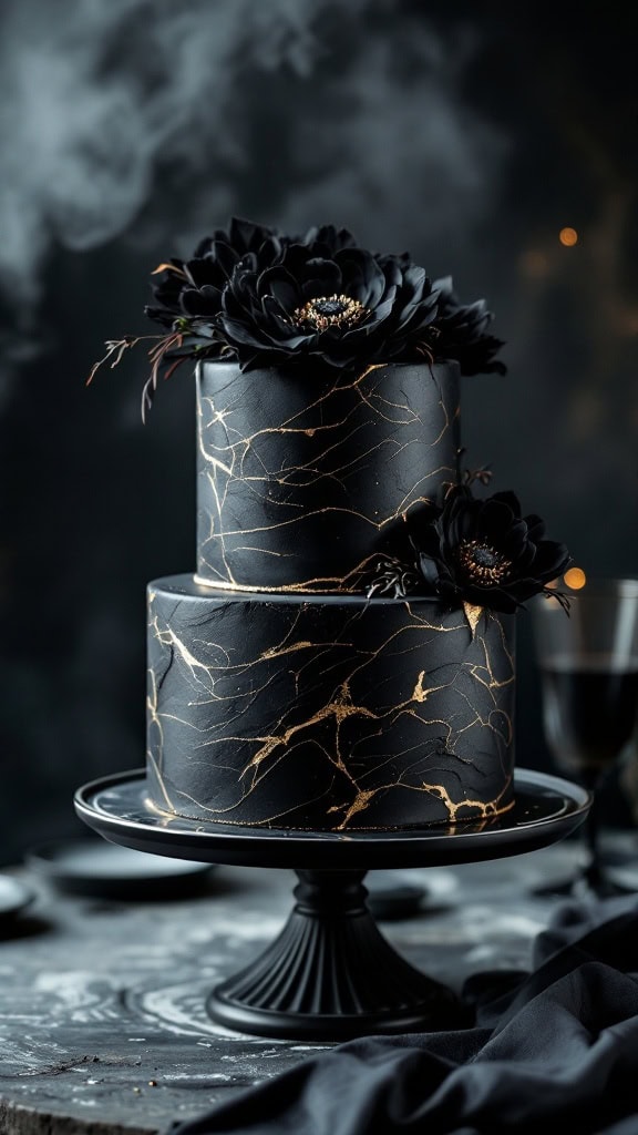 A dark marbled wedding cake with gold veining, decorated with black flowers, displayed on a black stand.