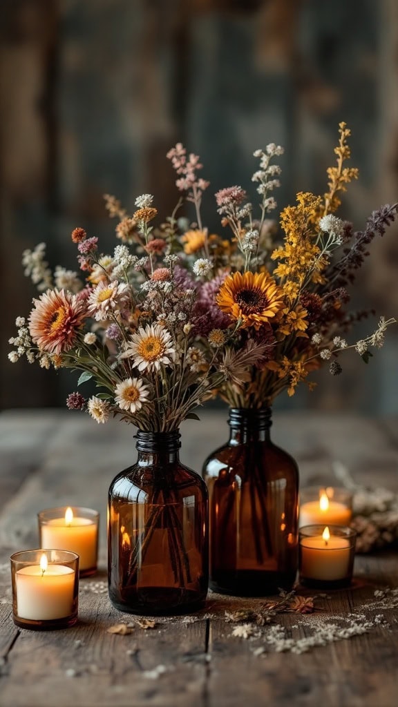 Dark wildflower bouquets in amber bottles surrounded by candles on a wooden table.