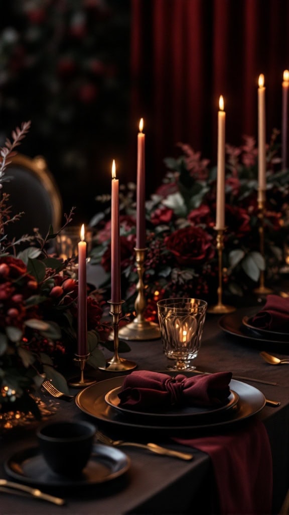 A deep burgundy and black tablescape featuring candles, floral arrangements, and elegant table settings