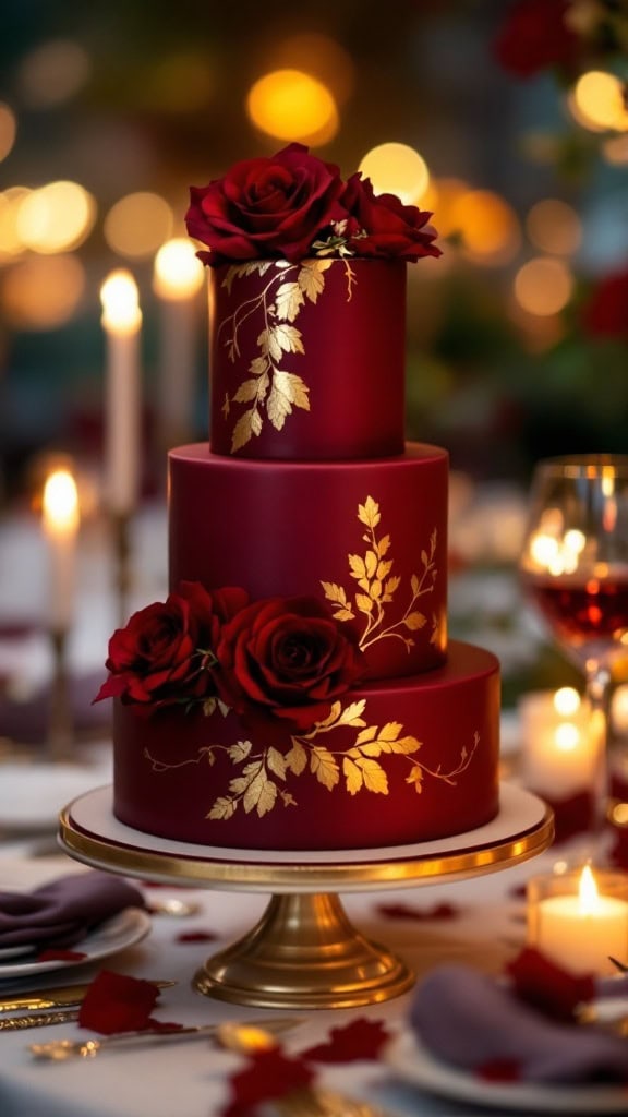 A three-tiered burgundy wedding cake adorned with gold leaves and red roses