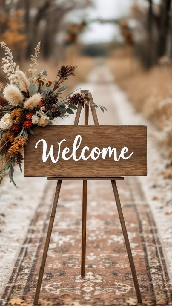 A rustic wedding welcome sign adorned with floral arrangements, placed on a decorative rug outdoors.