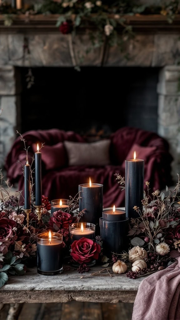 A Gothic-inspired fireplace altar adorned with candles, dark flowers, and a cozy seating area, perfect for a fall wedding.