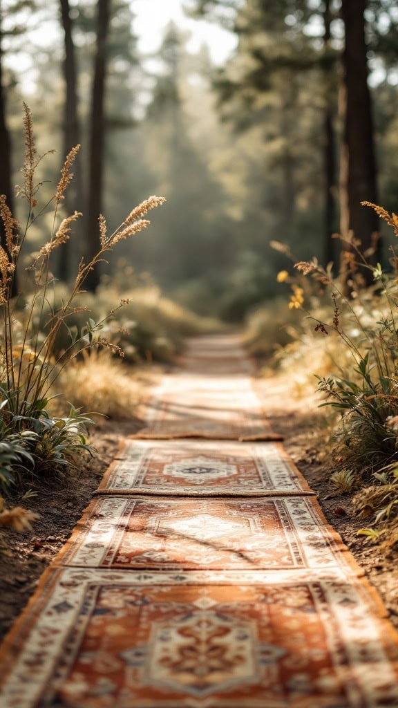 A serene path with layered boho rugs surrounded by greenery in a forest setting.