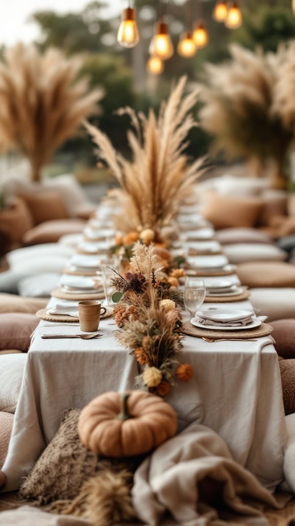 A picnic-style reception table decorated with dried flowers, pumpkins, and blankets in a cozy fall setting.