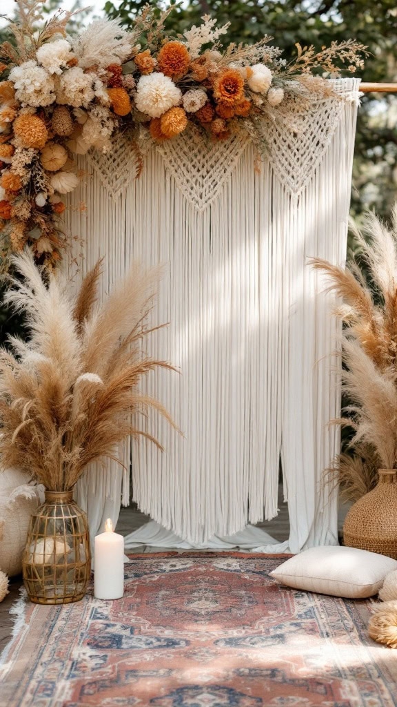 Macramé ceremony backdrop with dried florals and pampas grass for a boho fall wedding