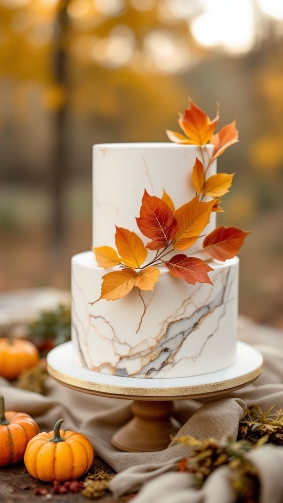 A beautiful two-tier marble wedding cake with edible gold-dusted leaves, surrounded by pumpkins and greenery.
