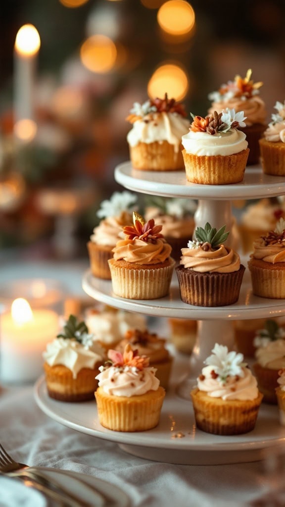 Mini wedding cake tower with assorted cupcakes decorated for fall