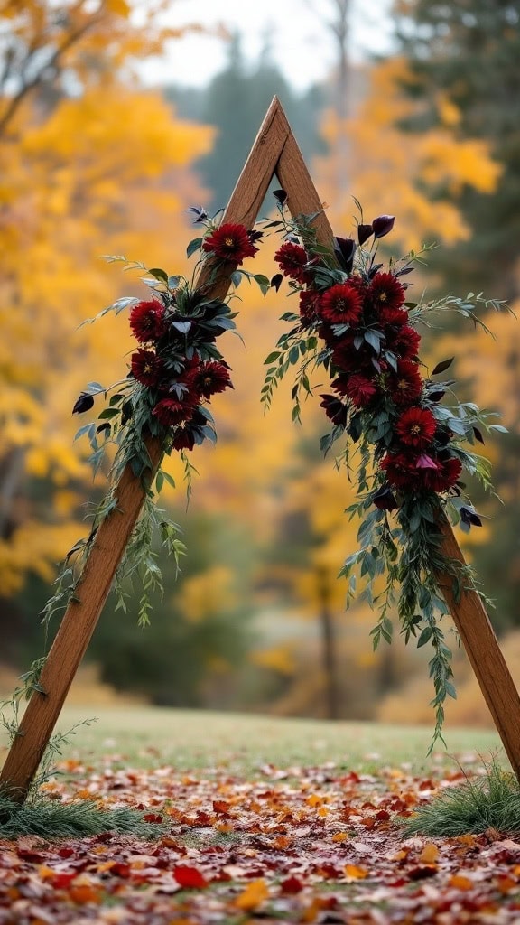 A moody floral arch with red flowers and dark foliage in a misty forest setting.