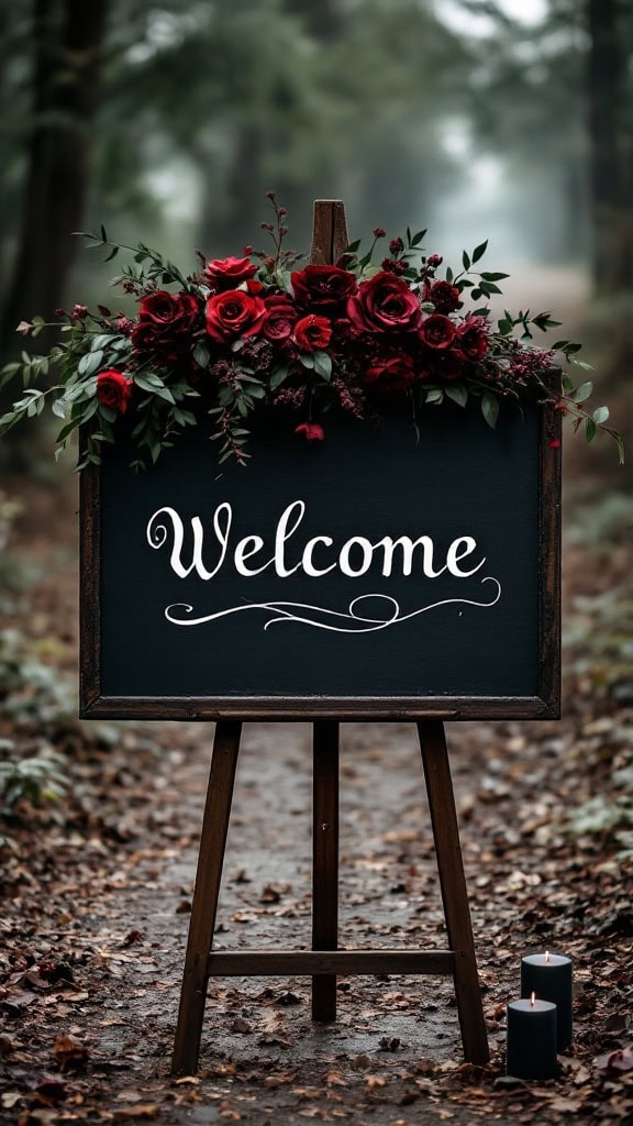 Moody wedding sign with gothic font and red roses, placed along a forest path