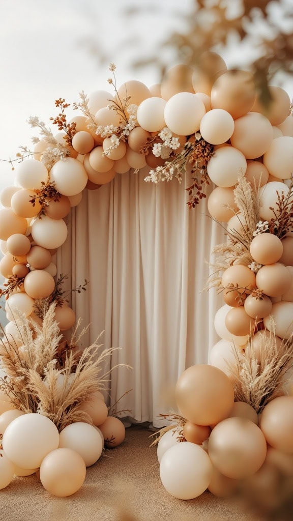 A neutral-toned balloon arch adorned with dried flowers and grasses, set against a soft backdrop.