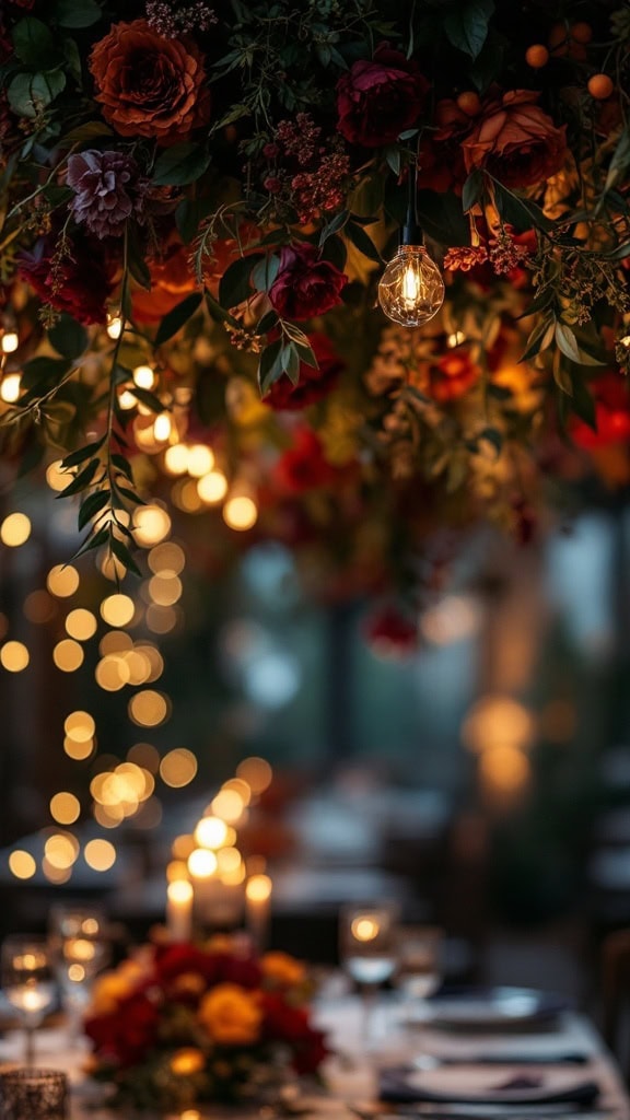 Overhead hanging florals in deep reds and plums with warm, glowing lights.