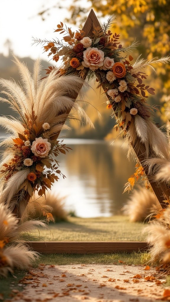 A beautiful wedding arch made of pampas grass and orange roses, set in a field during fall.
