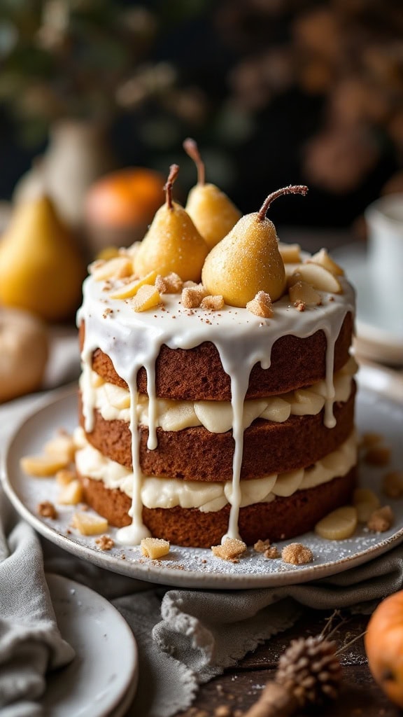 A beautiful pear and ginger cake topped with white drizzle and fresh pears, surrounded by autumn leaves and cinnamon sticks.