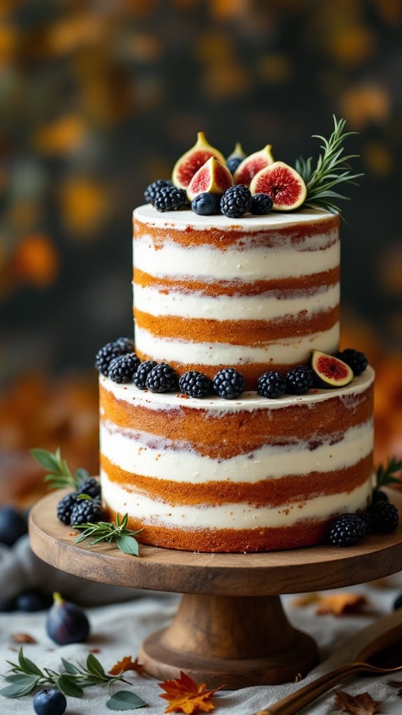 A rustic naked wedding cake with fresh berries and figs, displayed on a wooden stand, surrounded by autumn leaves.