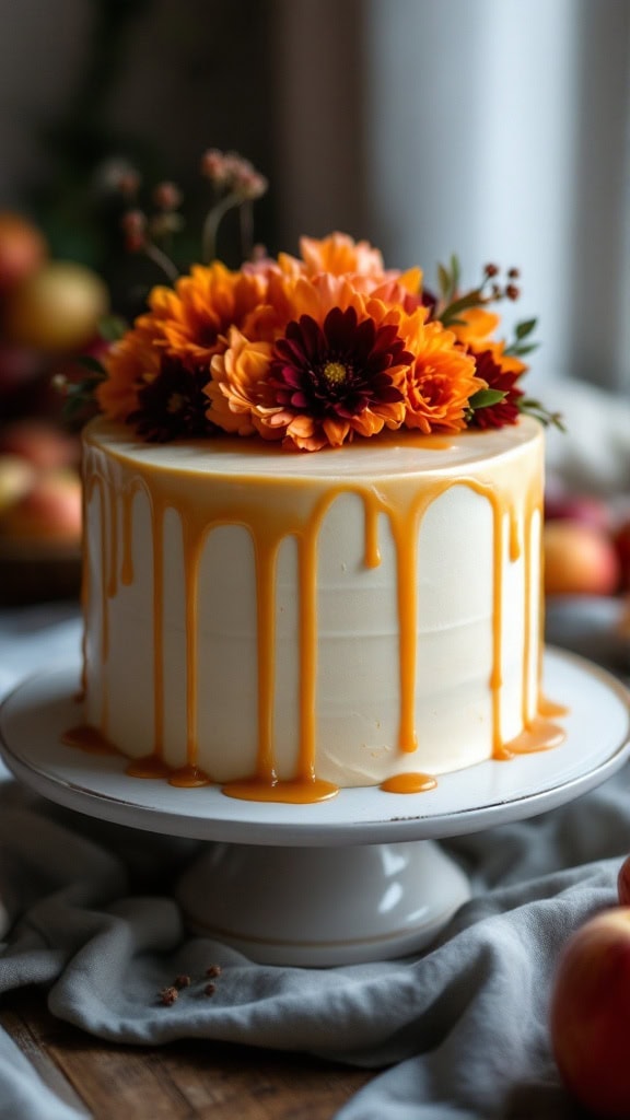 Salted caramel drip cake decorated with fall florals and apples