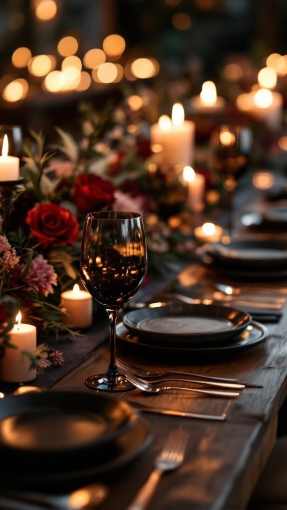 A beautifully arranged wedding table featuring smoke-colored glassware, matte black plates, and flickering candles.