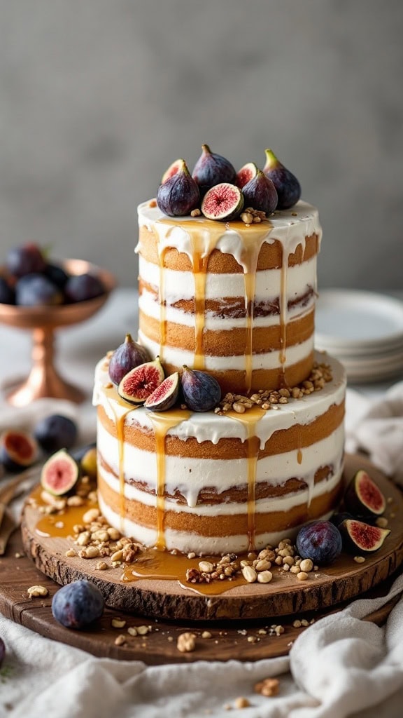 A tiered fig and honey cake with minimal frosting, topped with fresh figs and honey drizzling down the sides, presented on a wooden plate.