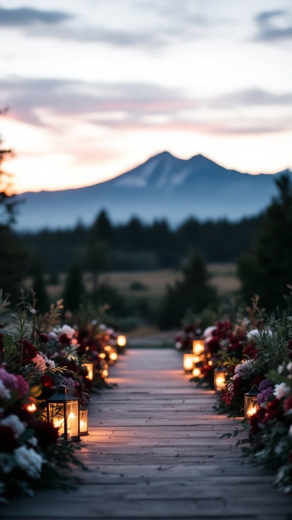 A pathway lined with lanterns and flowers leading to a twilight wedding ceremony in front of mountains.