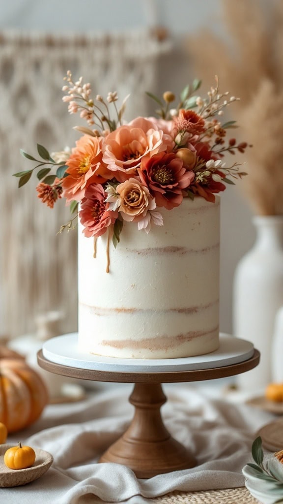Two-tier wedding cake with burnt orange floral accents, set on a pedestal with a pumpkin beside it.
