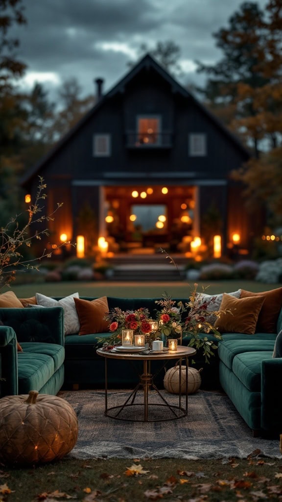 Cozy velvet lounge setup with jewel tones for a fall wedding, featuring plush sofas, seasonal decor, and candles.