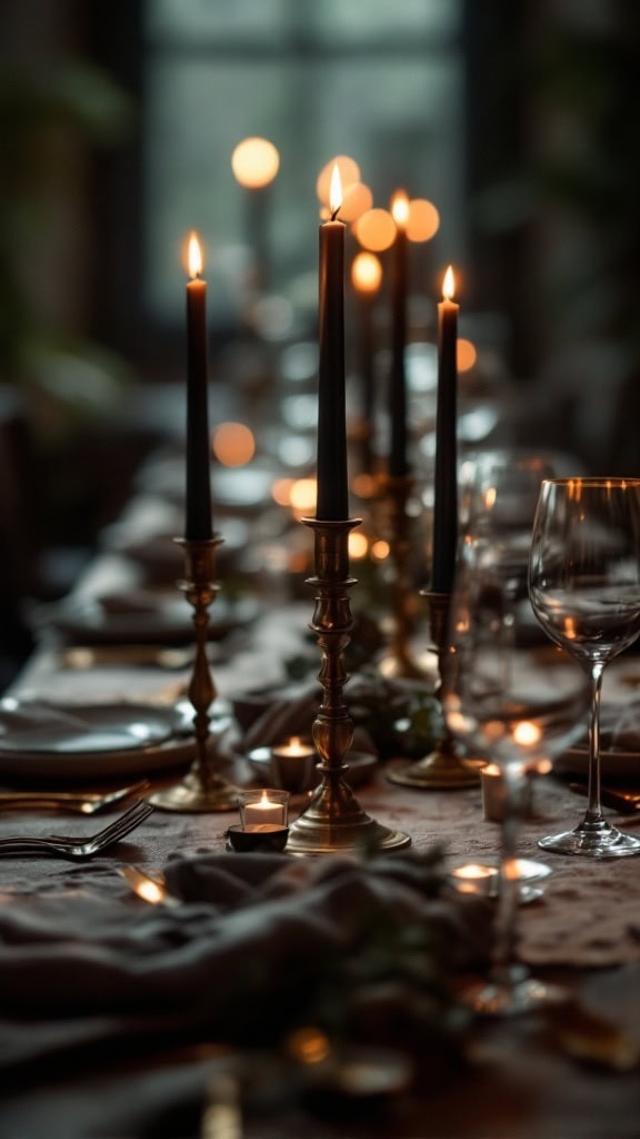 A beautifully set table featuring vintage brass candlesticks with flickering candles, dark linens, and elegant glassware.