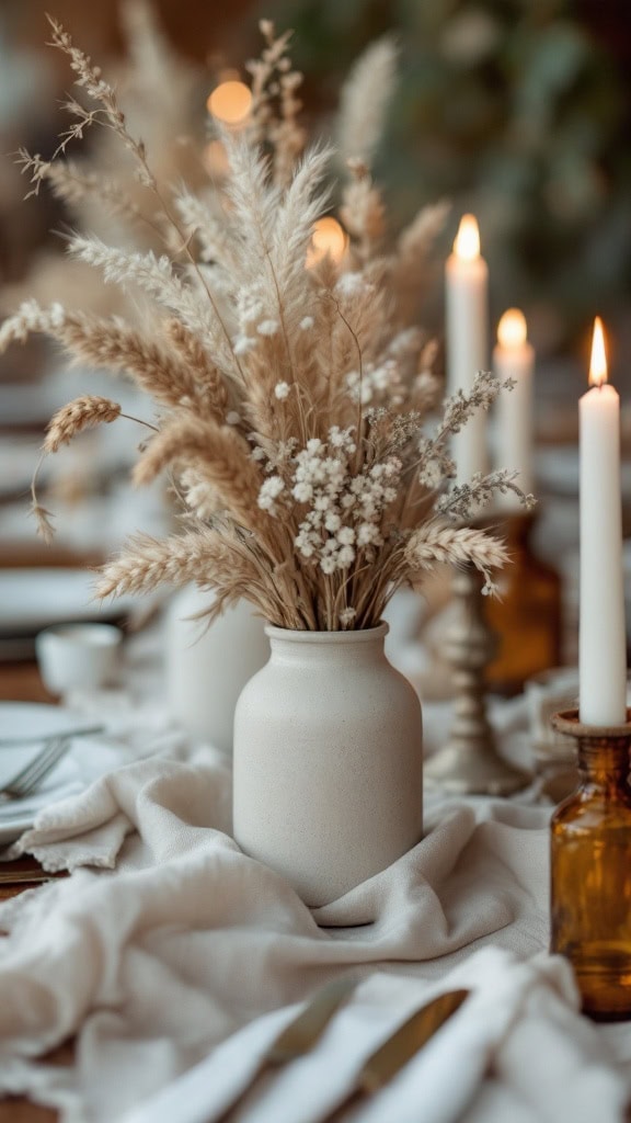 A rustic table centerpiece with dried grasses and wildflowers in a cream vase, complemented by candles