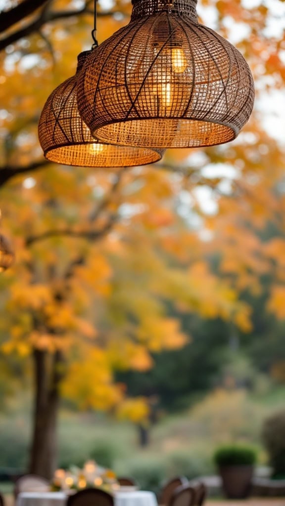 Woven lanterns hanging from tree branches with fall foliage in the background