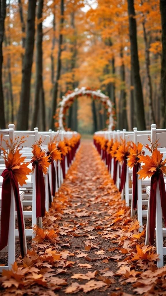 A wedding aisle decorated with orange leaves and burgundy velvet ribbons on white chairs, surrounded by autumn trees.