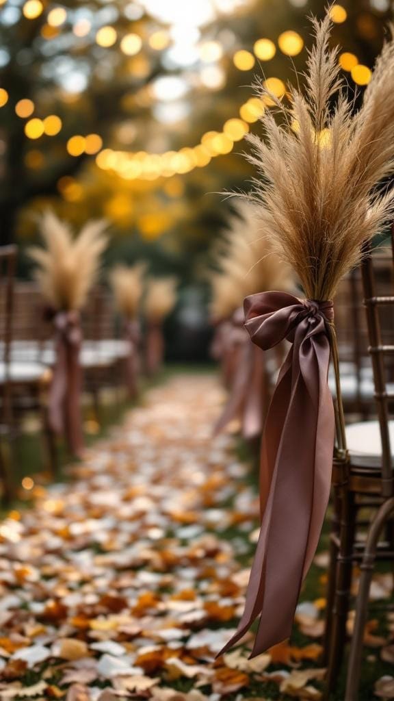 Aisle decor featuring rosewood ribbons and gold pampas grass in a fall wedding setting.