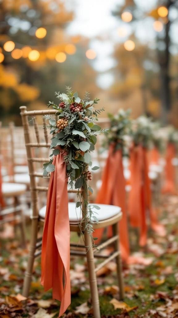 Chairs decorated with coral ribbons and sage bundles for a wedding ceremony