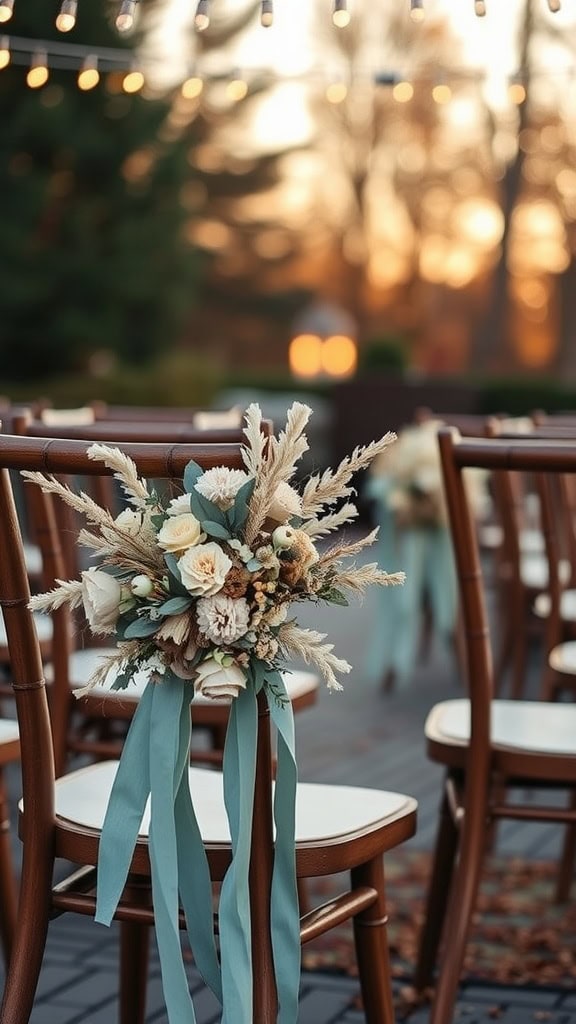 Aisle markers with dusty blue ribbon and beige flowers on wooden chairs