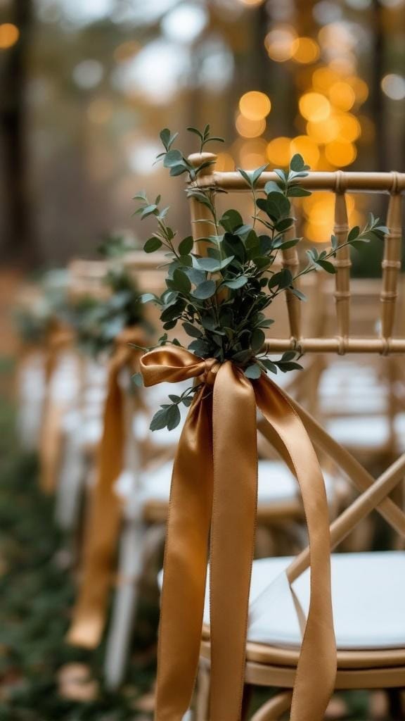 Aisle markers featuring eucalyptus bundles tied with gold ribbon on wedding chairs