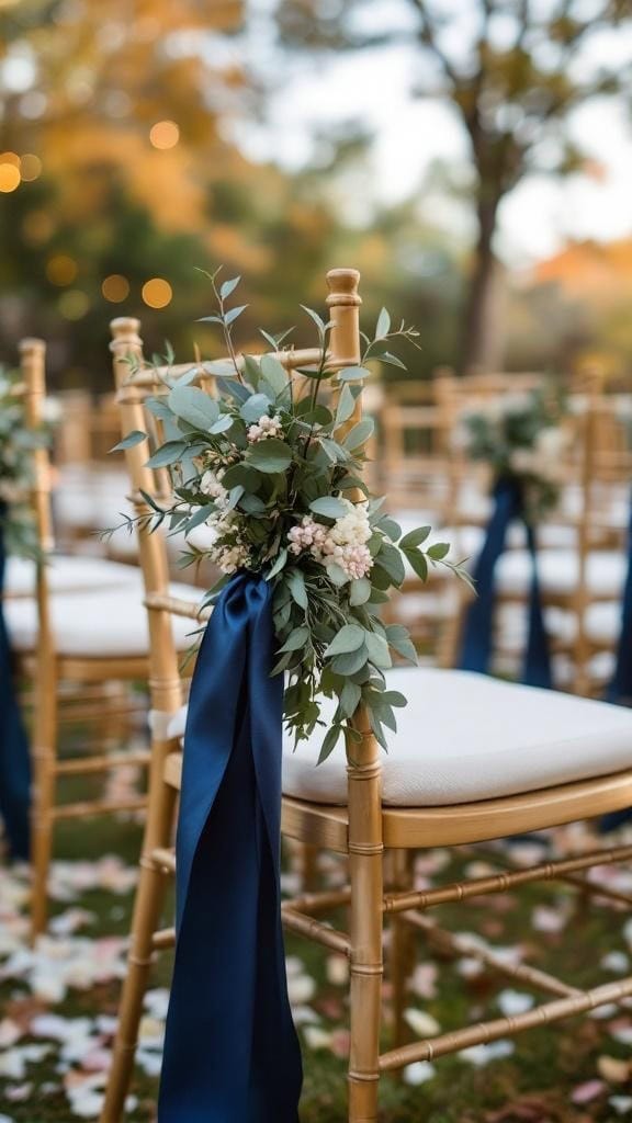Aisle markers with greenery and navy ribbon on wooden chairs, surrounded by rose petals.